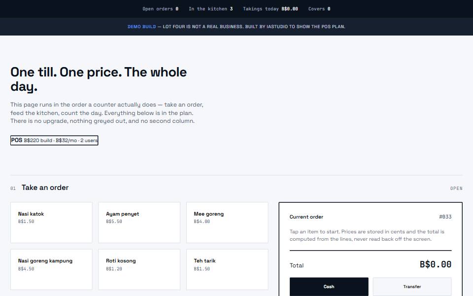 The Lot Four demo build, shown at desktop width.