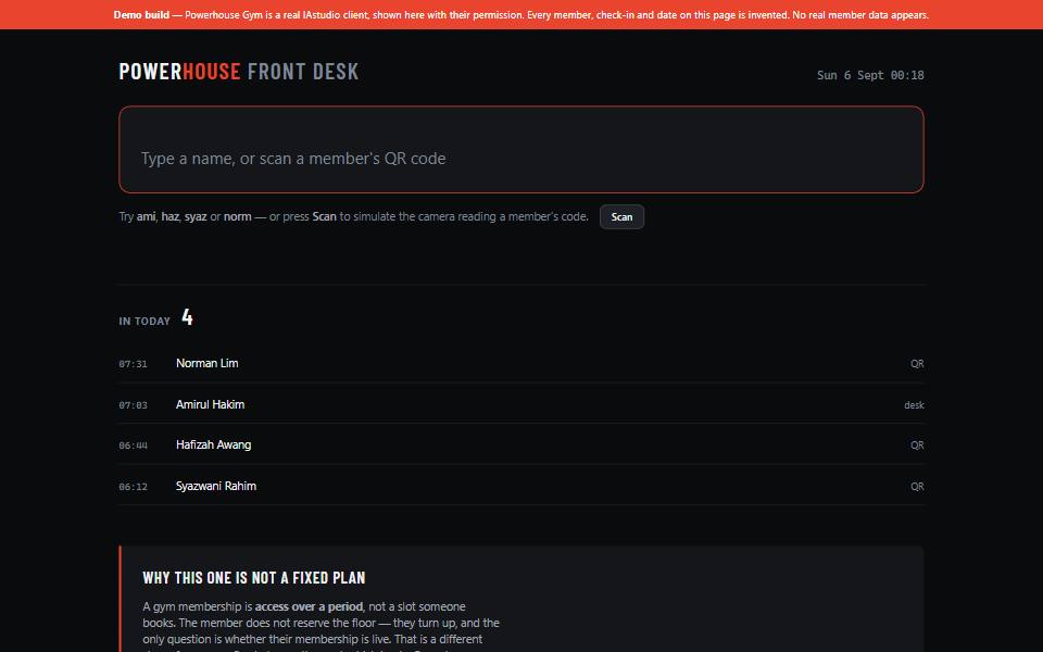 The Powerhouse Gym demo build, shown at desktop width.