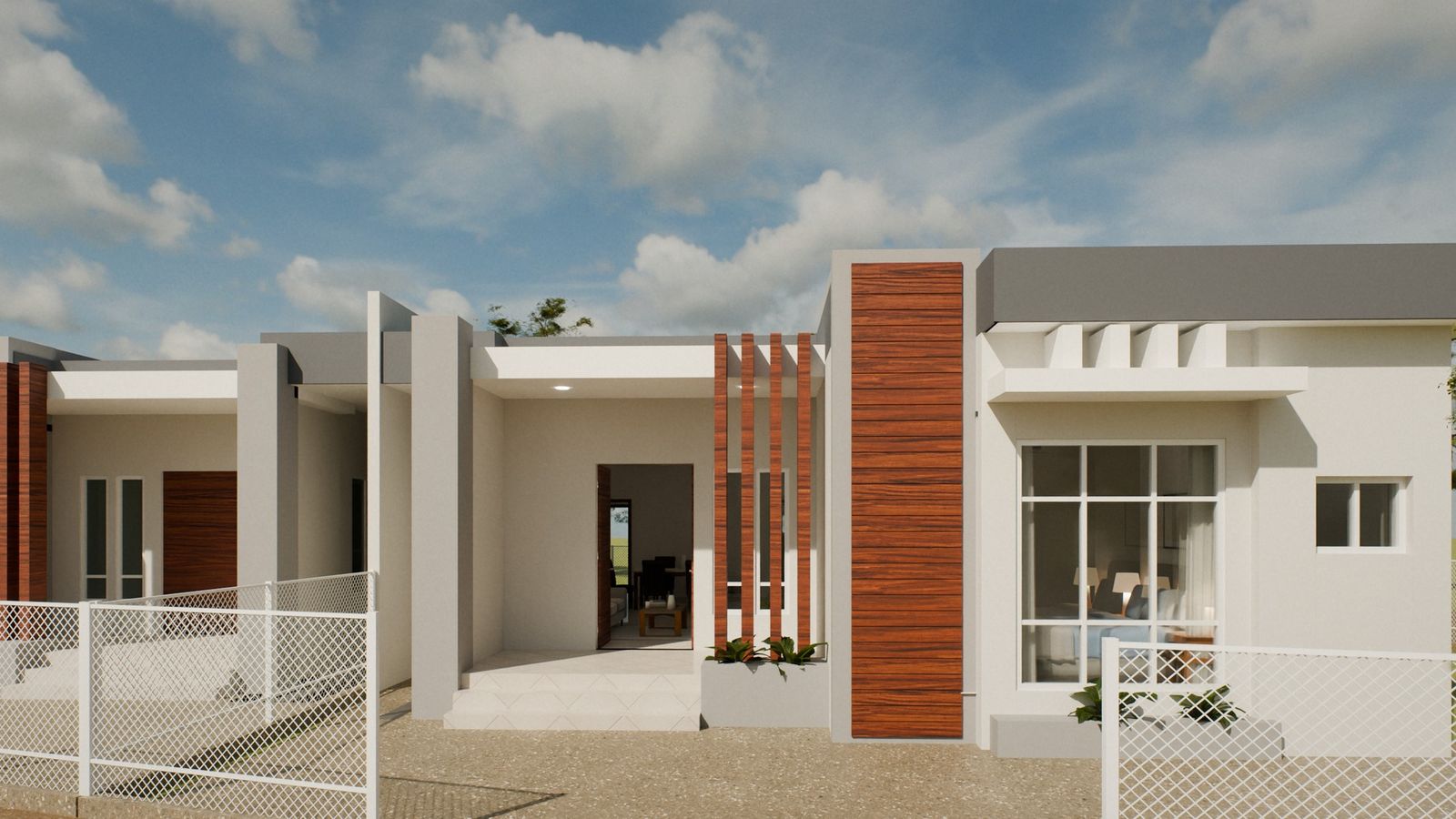 The house type from the road: white walls, timber cladding and a covered entry porch.