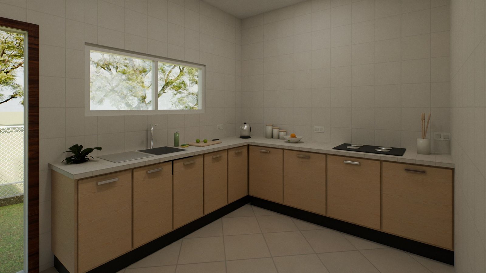 An L-shaped kitchen with timber-look cabinets and a window over the sink.