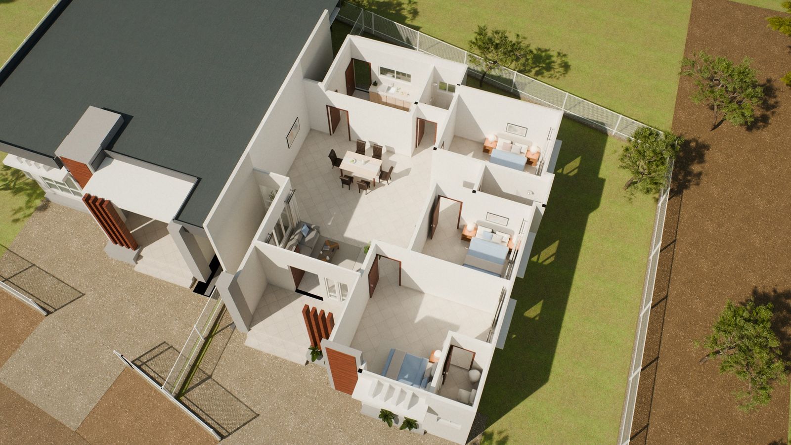 The house type from above with the roof lifted off: three bedrooms, living, dining and kitchen, laid out as the floor plan.